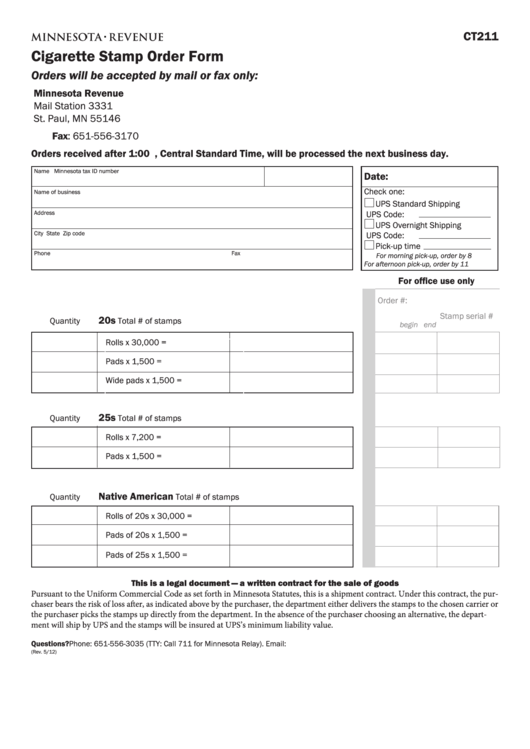 Fillable Form Ct211 - Cigarette Stamp Order Printable pdf
