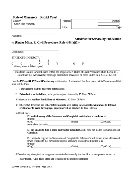 Affidavit Of Service By Publication - State Of Minnesota District Court Printable pdf