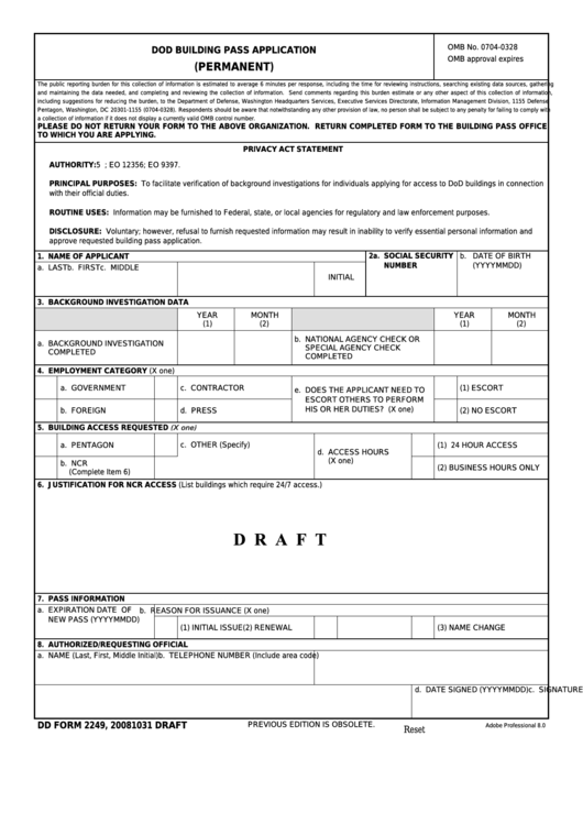 Fillable Dd Form 2249 Draft - Dod Building Pass Application Printable pdf