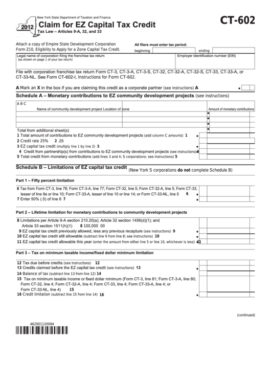 Form Ct-602 - Claim For Ez Capital Tax Credit - 2012 Printable pdf
