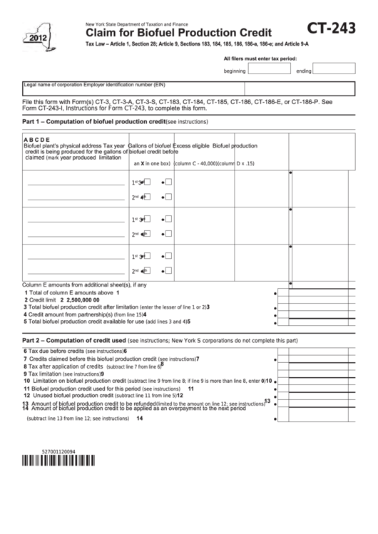 Form Ct-243 - Claim For Biofuel Production Credit - 2012 Printable pdf