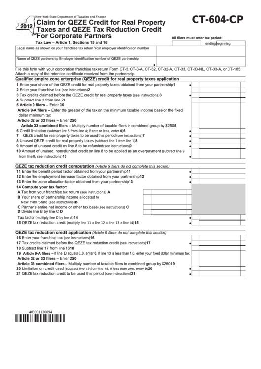 Form Ct-604-Cp - Claim For Qeze Credit For Real Property Taxes And Qeze Tax Reduction Credit For Corporate Partners - 2012 Printable pdf