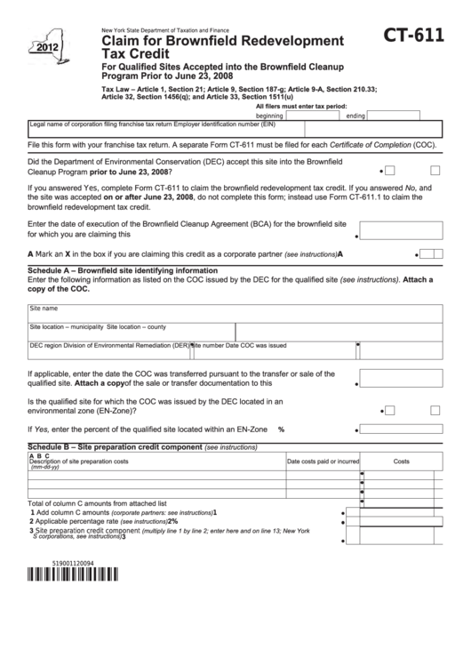 Form Ct-611 - Claim For Brownfield Redevelopment Tax Credit - 2012 ...