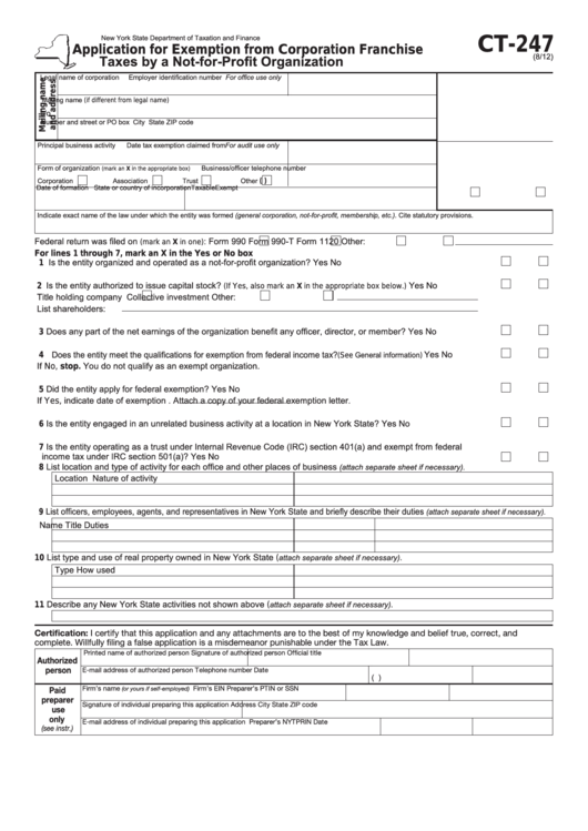 Form Ct-247 - Application For Exemption From Corporation Franchise Taxes By A Not-For-Profit Organization Printable pdf