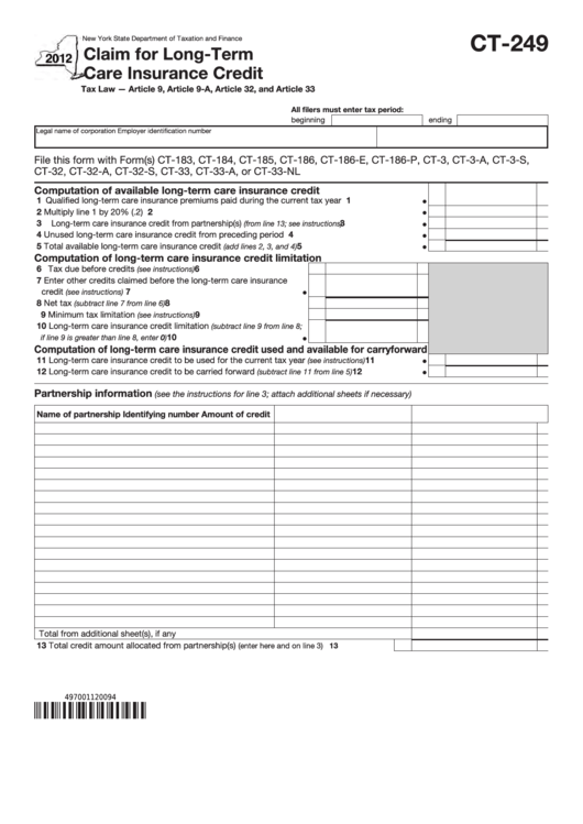 Form Ct-249 - Claim For Long-Term Care Insurance Credit Printable pdf
