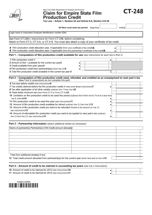 Form Ct-248 - Claim For Empire State Film Production Credit - 2012 Printable pdf