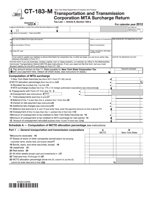 Fillable Form Ct-183-M - Transportation And Transmission Corporation Mta Surcharge Return - 2012 Printable pdf