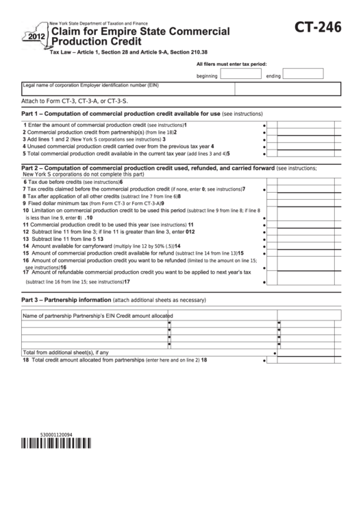 Form Ct-246 - Claim For Empire State Commercial Production Credit - 2012 Printable pdf