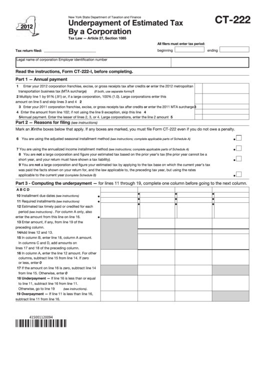 Form Ct-222 - Underpayment Of Estimated Tax By A Corporation - 2012 Printable pdf