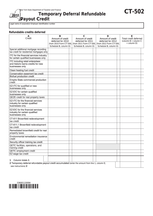 Form Ct-502 - Temporary Deferral Refundable Payout Credit - 2012 Printable pdf