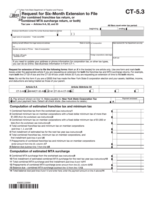 Form Ct 5 3 Request For Six Month Extension To File 2012 Printable 