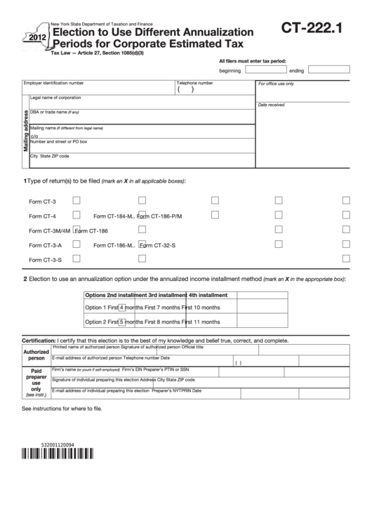 Form Ct-222.1 - Election To Use Different Annualization Periods For Corporate Estimated Tax - 2012 Printable pdf