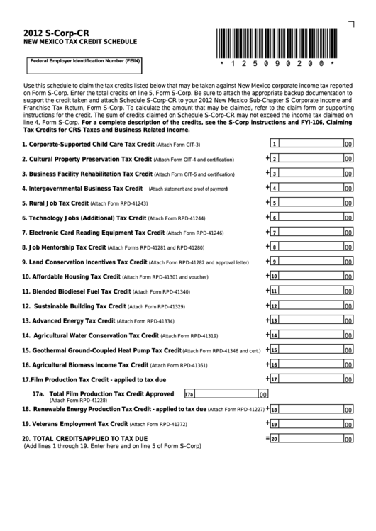Form S-Corp-Cr - New Mexico Tax Credit Schedule - 2012 Printable pdf