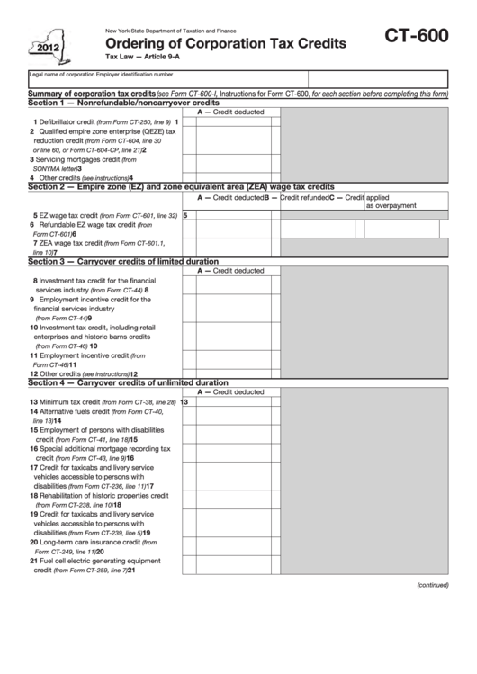 Form Ct-600 - Ordering Of Corporation Tax Credits - 2012 Printable pdf