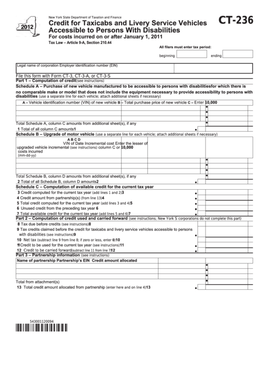 Form Ct-236 - Credit For Taxicabs And Livery Service Vehicles Accessible To Persons With Disabilities - 2012 Printable pdf