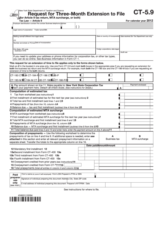 Form Ct-5.9 - Request For Three-Month Extension To File - 2012 Printable pdf