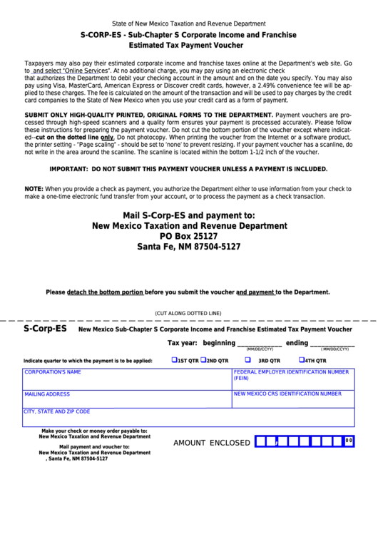 Form S-Corp-Es - New Mexico Sub-Chapter S Corporate Income And Franchise Estimated Tax Payment Voucher Printable pdf