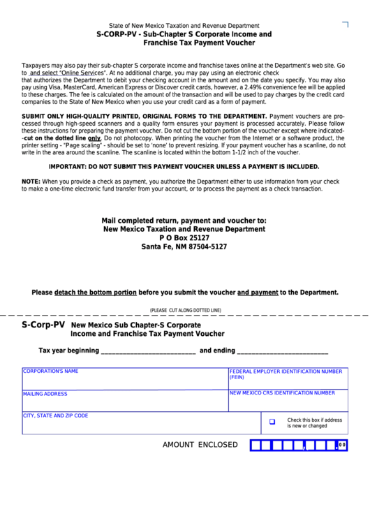 Form S-Corp-Pv - New Mexico Sub Chapter-S Corporate Income And Franchise Tax Payment Voucher Printable pdf