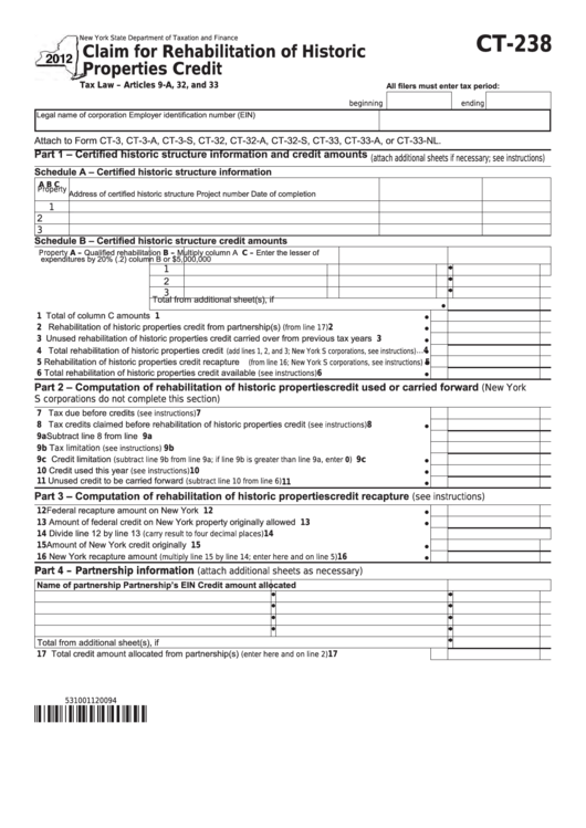 Form Ct-238 - Claim For Rehabilitation Of Historic Properties Credit - 2012 Printable pdf