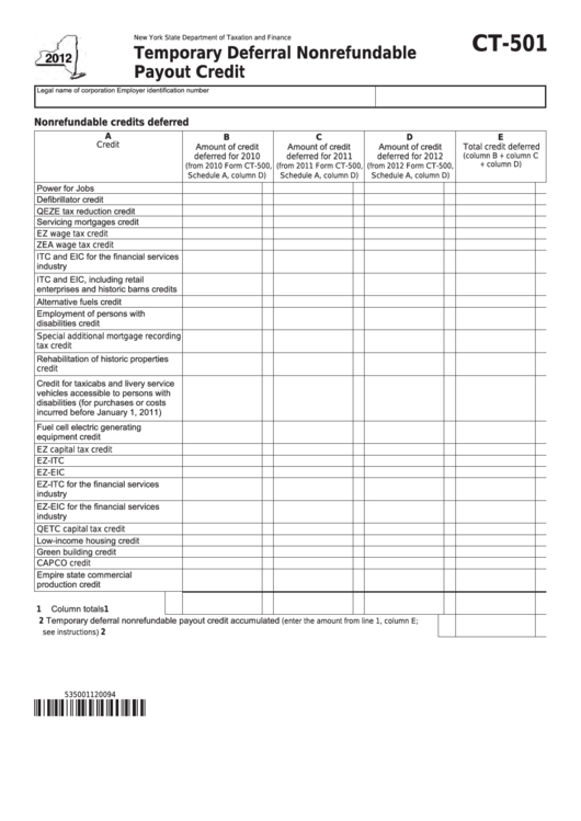 Form Ct-501 - Temporary Deferral Nonrefundable Payout Credit - 2012 Printable pdf