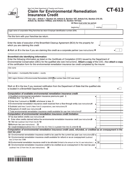 Form Ct-613 - Claim For Environmental Remediation Insurance Credit - 2012 Printable pdf