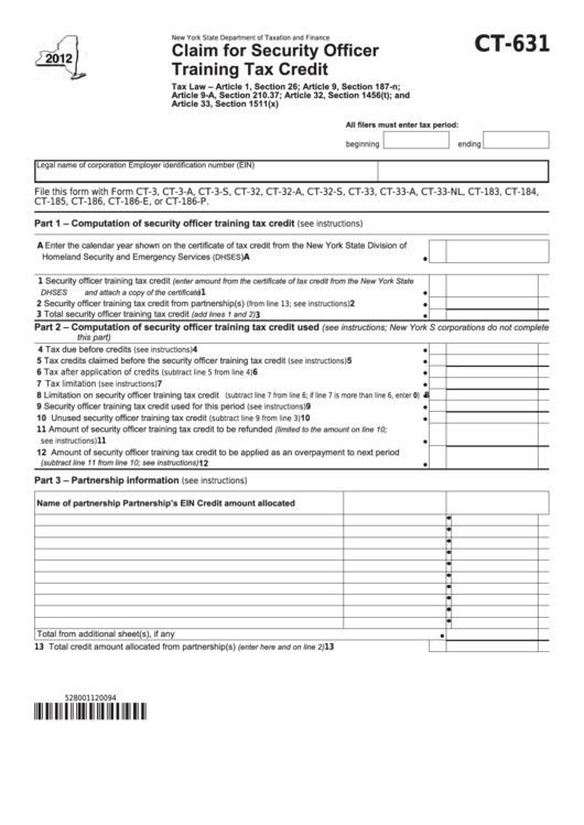 Form Ct-631 - Claim For Security Officer Training Tax Credit - 2012 Printable pdf