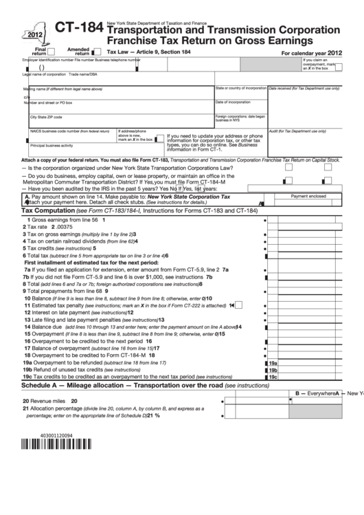 Fillable Form Ct-184 - Transportation And Transmission Corporation Franchise Tax Return On Gross Earnings - 2012 Printable pdf