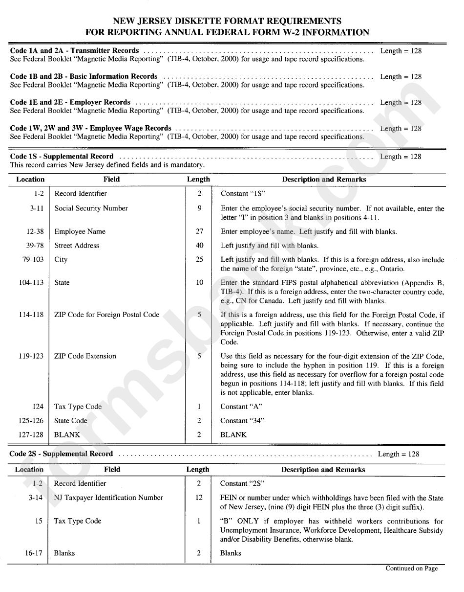 New Jersey Diskette Format Requirements For Reporting Annual Federal Form W-2 Information