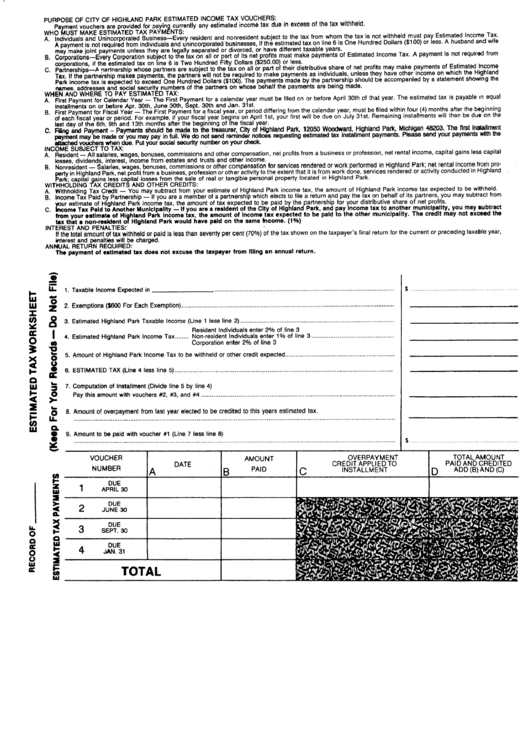 Estimated Tax Worksheet - City Of Highland Park Printable pdf