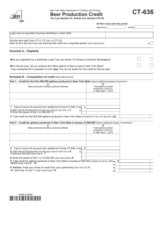 Form Ct-636 - Beer Production Credit - 2012 Printable pdf