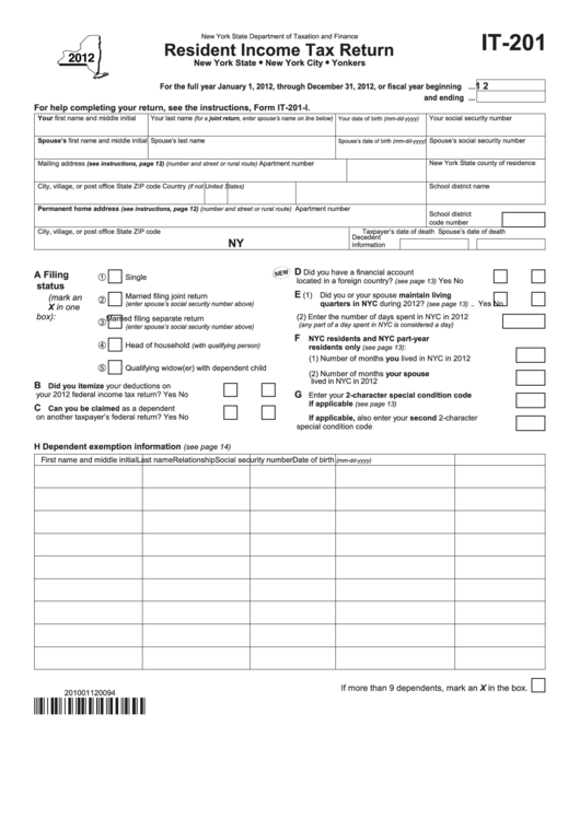 Fillable Form It-201 - Resident Income Tax Return - 2012 Printable pdf