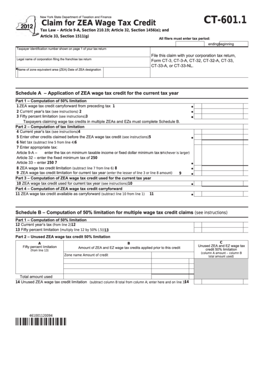 Form Ct-601.1 - Claim For Zea Wage Tax Credit - 2012 Printable pdf