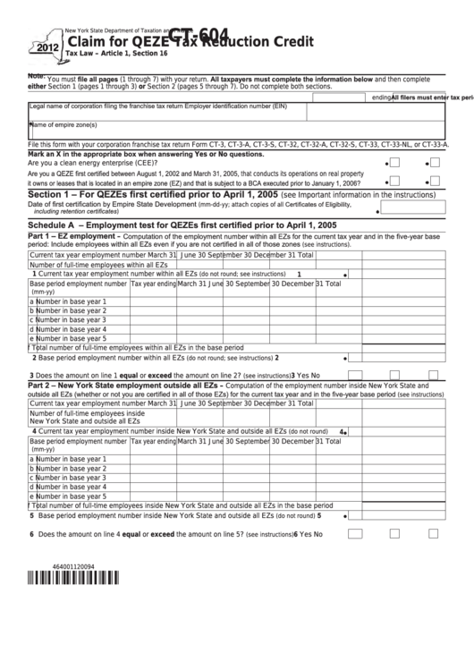 Form Ct-604 - Claim For Qeze Tax Reduction Credit - 2012 Printable pdf