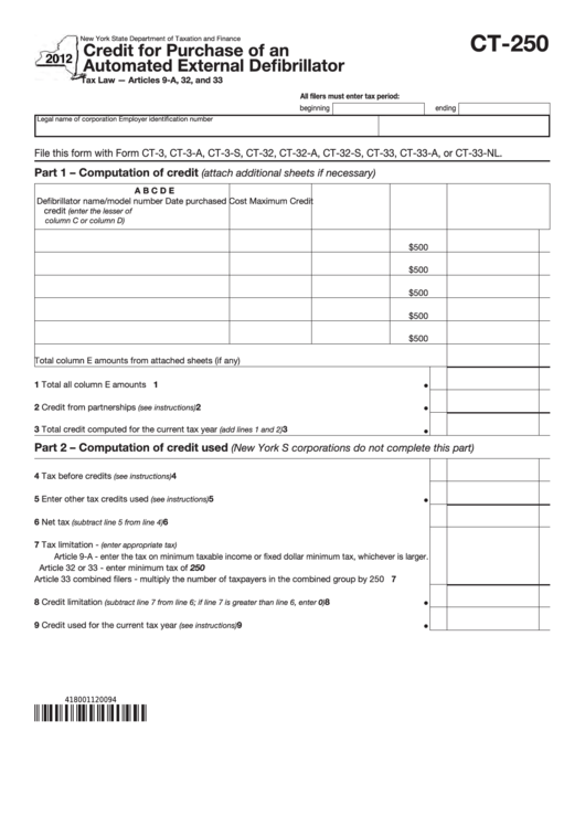 Form Ct-250 - Credit For Purchase Of An Automated External Defibrillator - 2012 Printable pdf