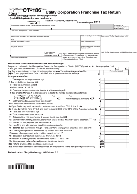 Fillable Form Ct-186 - Utility Corporation Franchise Tax Return - 2012 Printable pdf