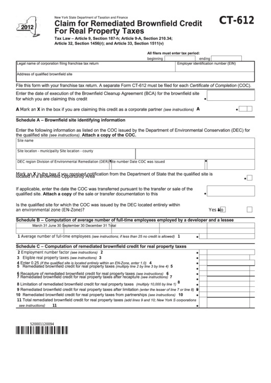 Form Ct-612 - Claim For Remediated Brownfield Credit For Real Property Taxes - 2012 Printable pdf