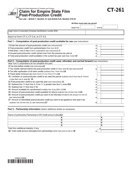Form Ct-261 - Claim For Empire State Film Post-Production Credit - 2012 Printable pdf