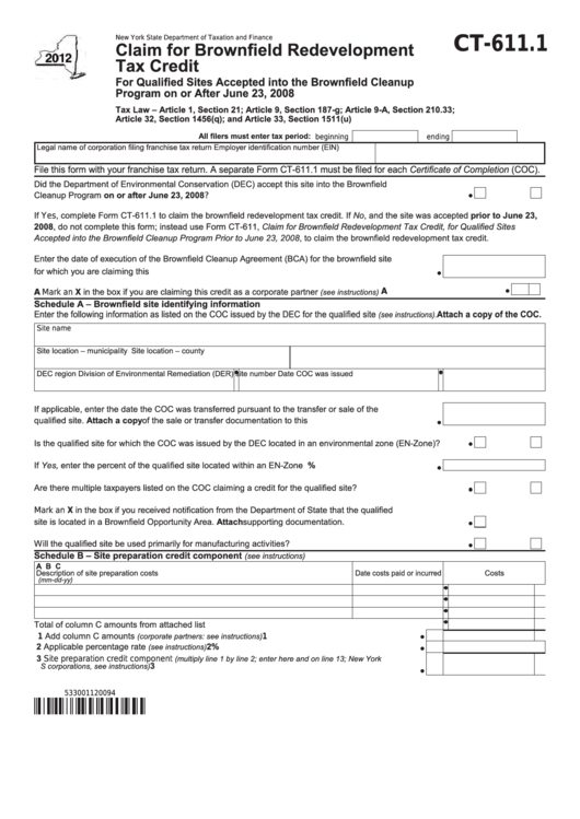 Form Ct-611.1 - Claim For Brownfield Redevelopment Tax Credit - 2012 Printable pdf