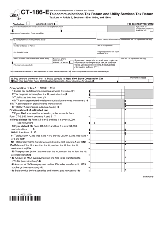 Fillable Form Ct-186-E - Telecommunications Tax Return And Utility Services Tax Return - 2012 Printable pdf