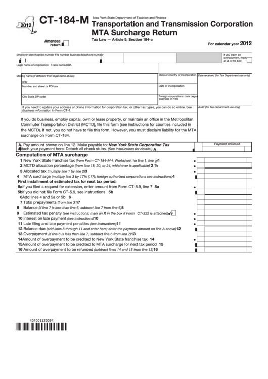 Fillable Form Ct-184-M - Transportation And Transmission Corporation Mta Surcharge Return - 2012 Printable pdf