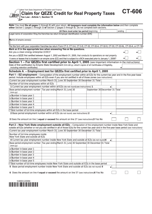 Form Ct-606 - Claim For Qeze Credit For Real Property Taxes - 2012 Printable pdf