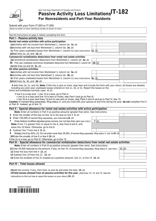 Fillable Form It-182 - Passive Activity Loss Limitations - 2012 Printable pdf