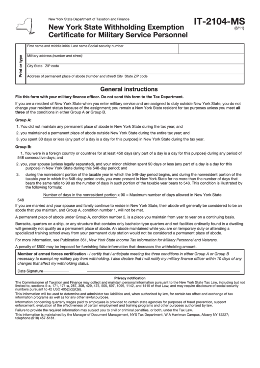 Fillable Form It-2104-Ms - New York State Withholding Exemption Certificate For Military Service Personnel Printable pdf