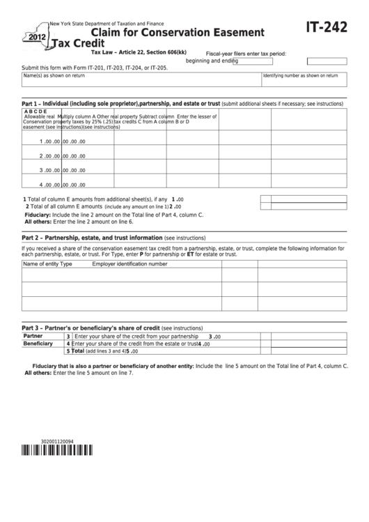 Fillable Form It-242 - Claim For Conservation Easement Tax Credit - 2012 Printable pdf