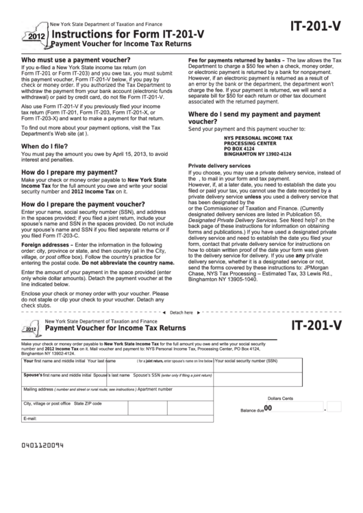 Fillable Form It-201-V - Payment Voucher For Income Tax Returns - 2012 Printable pdf
