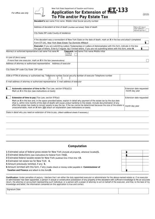 Form Et-133 - Application For Extension Of Time To File And/or Pay Estate Tax Printable pdf