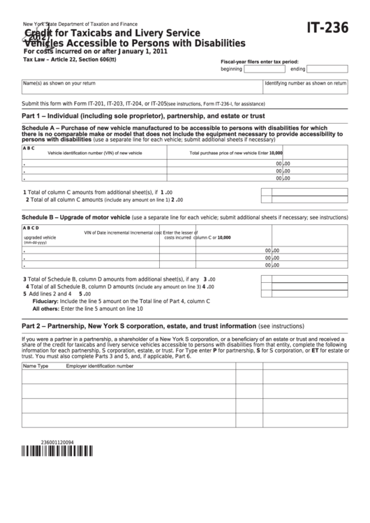 Fillable Form It-236 - Credit For Taxicabs And Livery Service Vehicles Accessible To Persons With Disabilities - 2012 Printable pdf