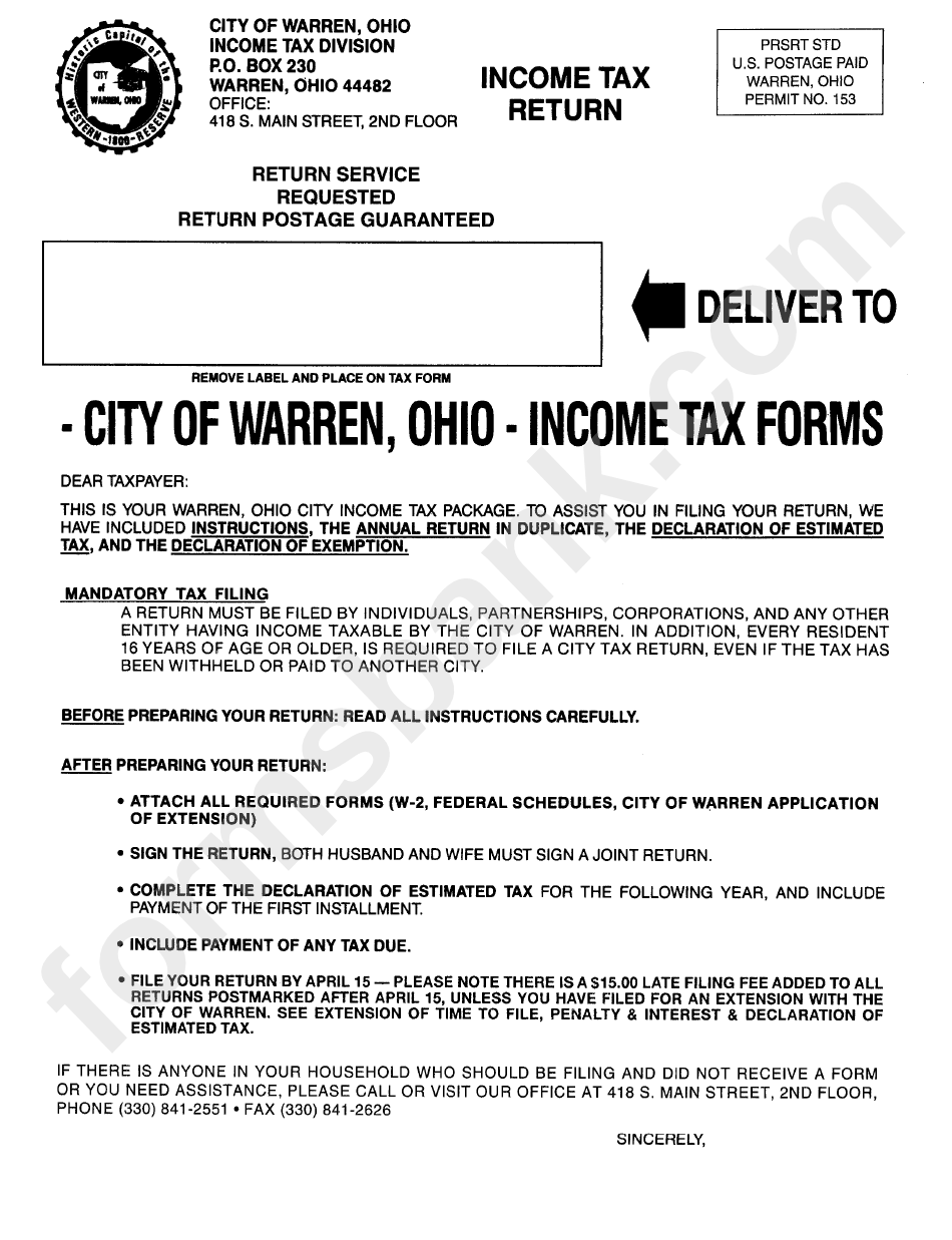 Form Fr Specific Instructions - City Of Warren Income Tax Return