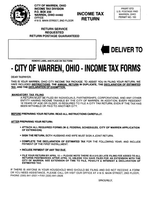 Form Fr Specific Instructions - City Of Warren Income Tax Return Printable pdf