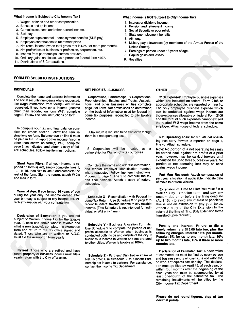 Form Fr Specific Instructions - City Of Warren Income Tax Return